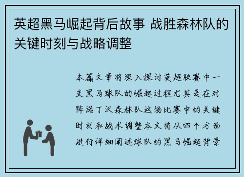 英超黑马崛起背后故事 战胜森林队的关键时刻与战略调整 英超黑马崛起背后故事 战胜森林队的关键时刻与战略调整