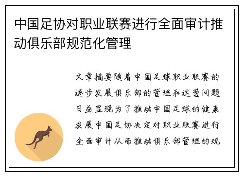 中国足协对职业联赛进行全面审计推动俱乐部规范化管理 中国足协对职业联赛进行全面审计推动俱乐部规范化管理