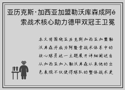 亚历克斯·加西亚加盟勒沃库森成阿隆索战术核心助力德甲双冠王卫冕 亚历克斯·加西亚加盟勒沃库森成阿隆索战术核心助力德甲双冠王卫冕