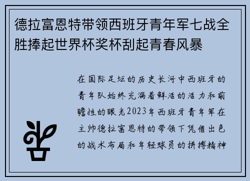 德拉富恩特带领西班牙青年军七战全胜捧起世界杯奖杯刮起青春风暴 德拉富恩特带领西班牙青年军七战全胜捧起世界杯奖杯刮起青春风暴